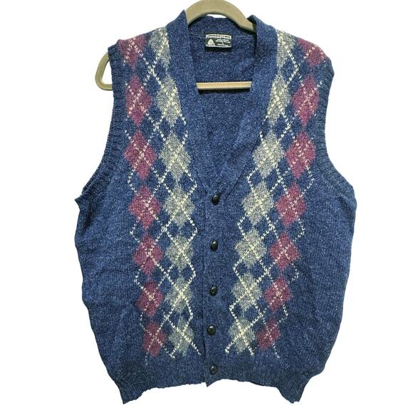 VTG Button Up Grandpa Core Shetland Wool Ireland Argyle Sweater Vest Men Large - Picture 1 of 10